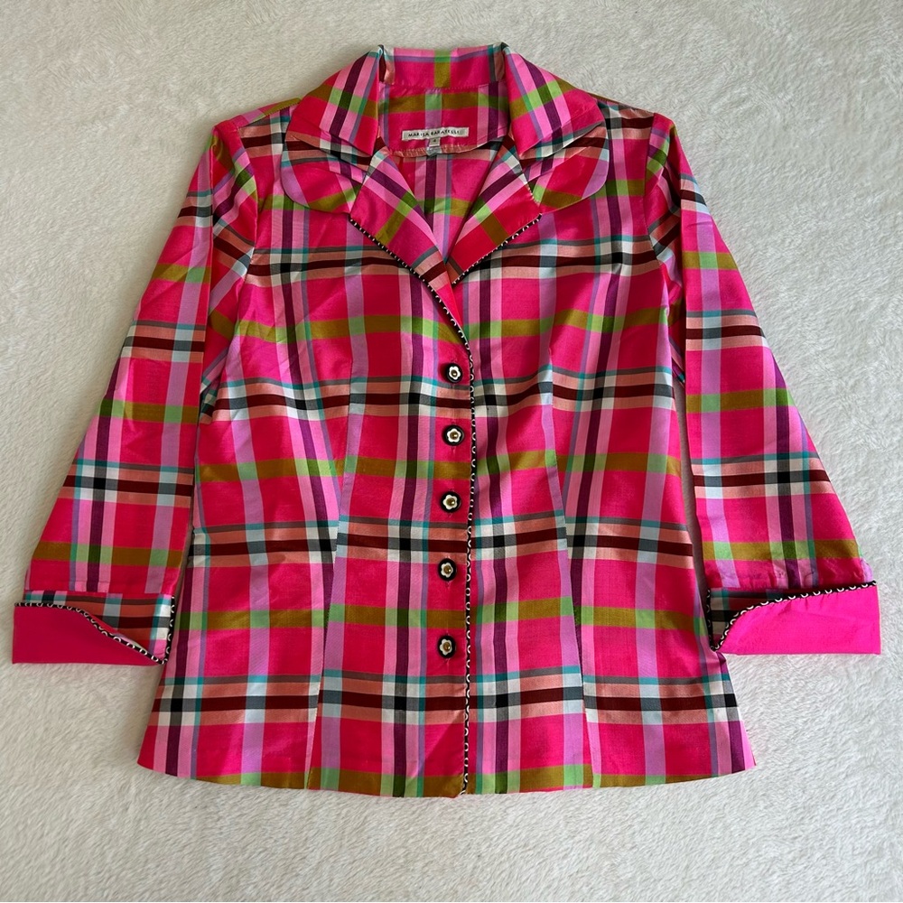 Marisa Baratelli Women's Blouse Size 4 Pink Plaid Button Up Thai Silk
